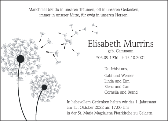 Traueranzeige von Elisabeth Murrins 