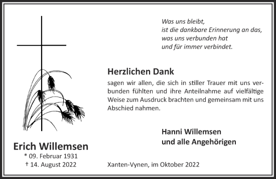 Traueranzeige von Erich Willemsen 