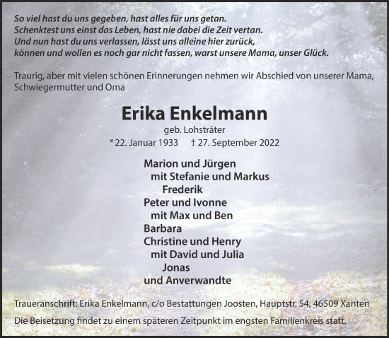 Traueranzeige von Erika Enkelmann 