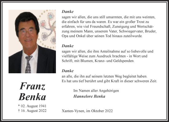 Traueranzeige von Franz Benka 