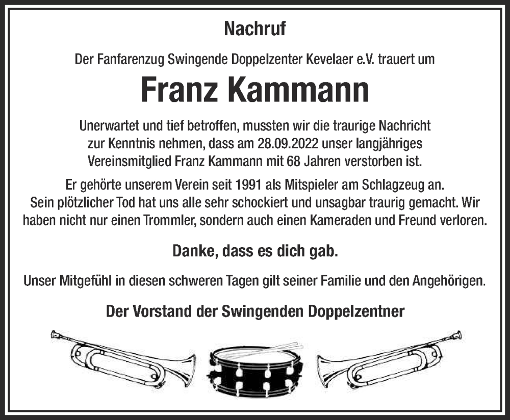 Traueranzeige für Franz Kammann vom 08.10.2022 aus 