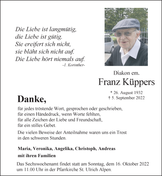 Traueranzeige von Franz Küppers 