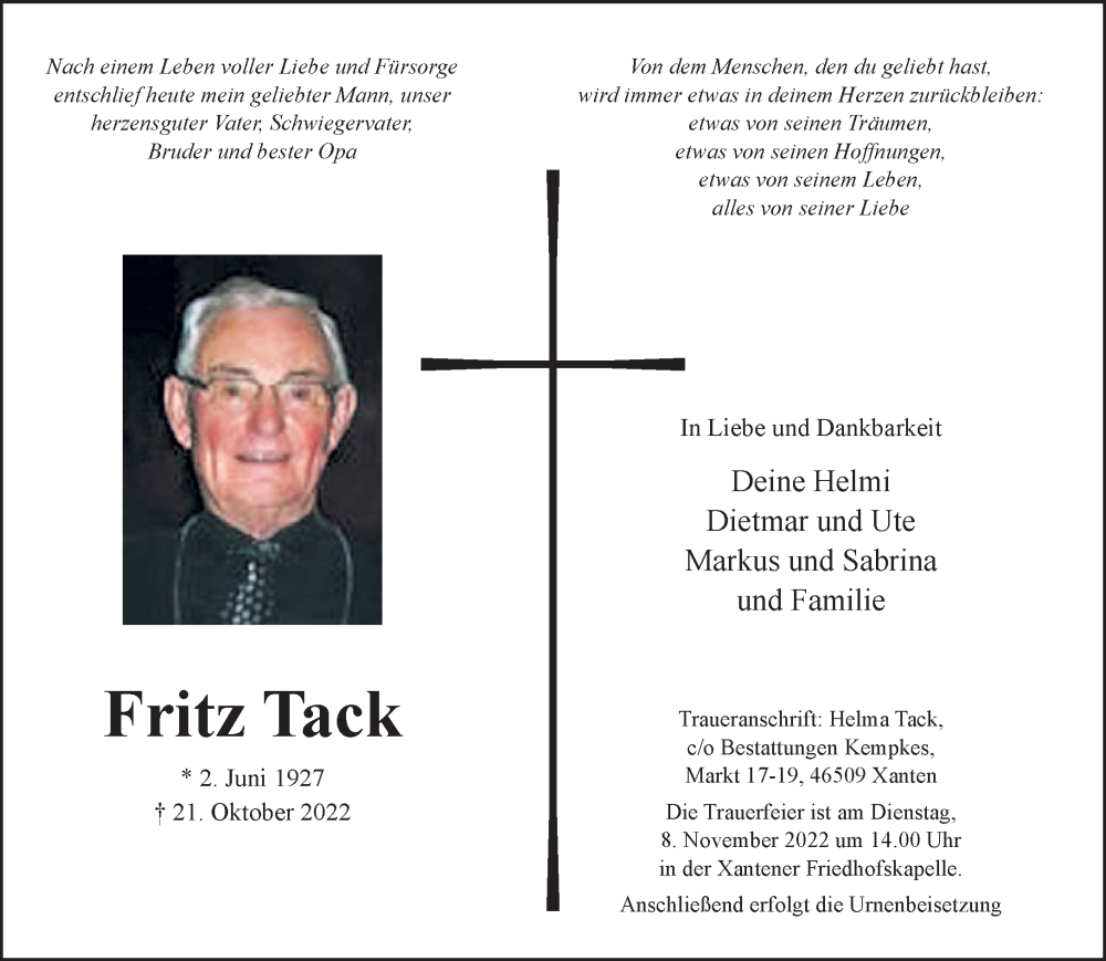  Traueranzeige für Fritz Tack vom 29.10.2022 aus 