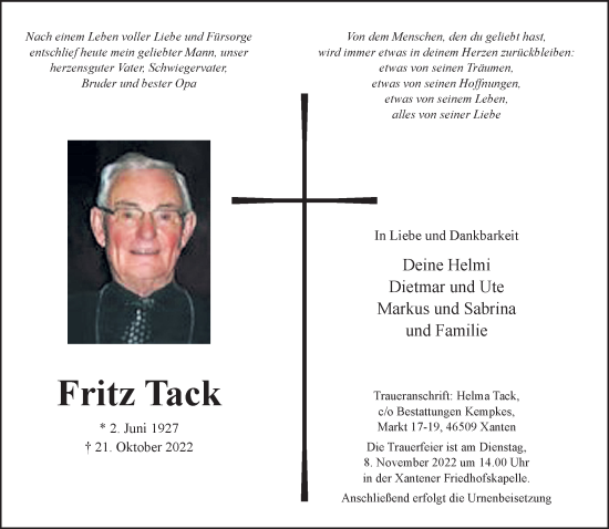 Traueranzeige von Fritz Tack 