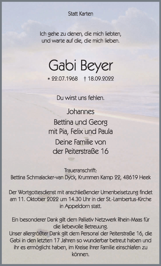 Traueranzeige von Gabi Beyer 