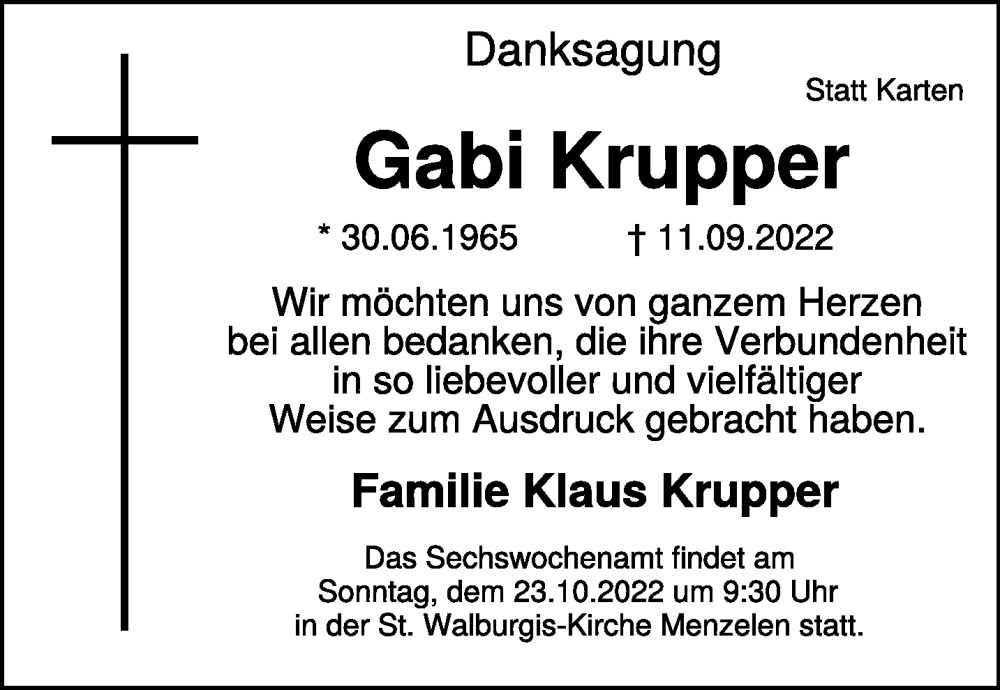  Traueranzeige für Gabi Krupper vom 15.10.2022 aus 