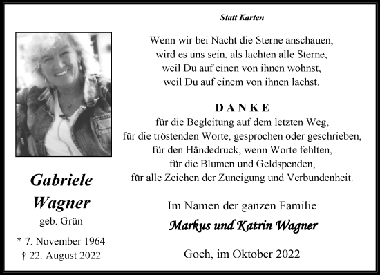 Traueranzeige von Gabriele Wagner 