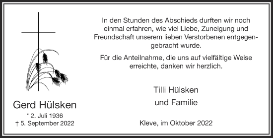 Traueranzeige von Gerd Hülsken 