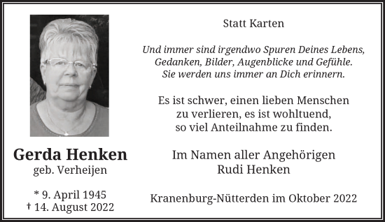 Traueranzeige von Gerda Henken 
