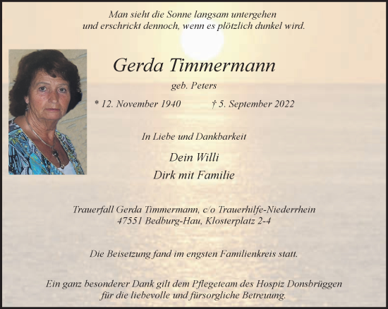Traueranzeige von Gerda Timmermann 