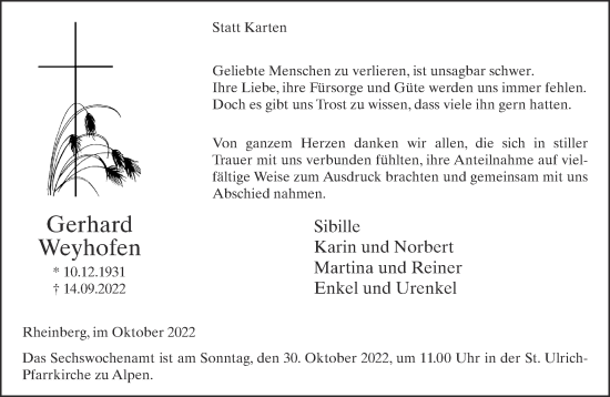Traueranzeige von Gerhard Weyhofen 