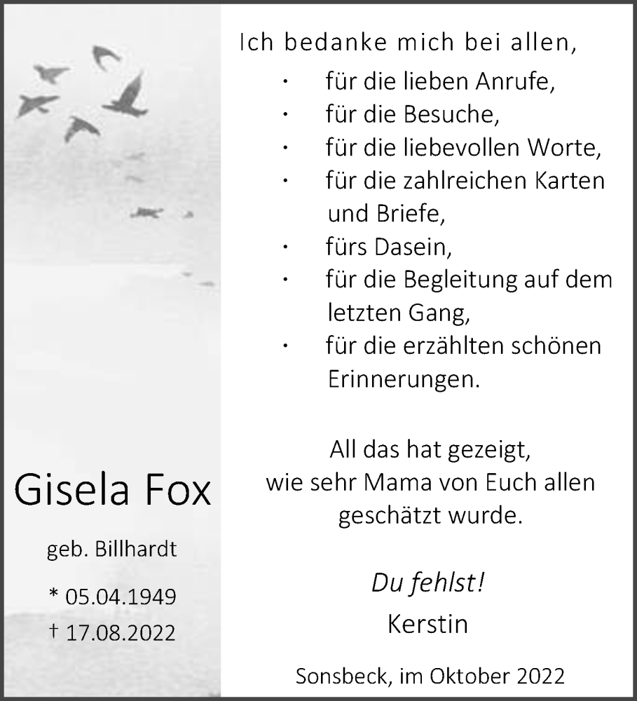  Traueranzeige für Gisela Fox vom 08.10.2022 aus 