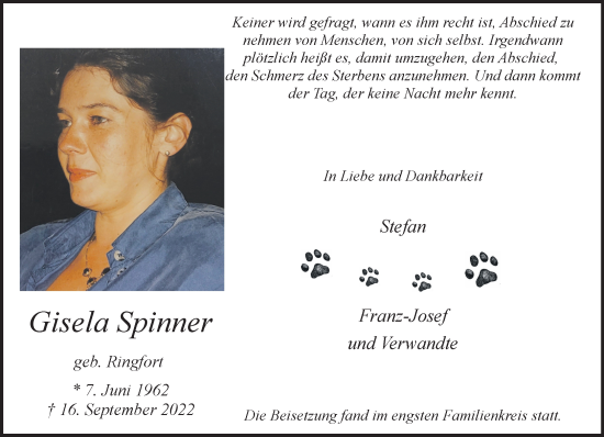 Traueranzeige von Gisela Spinner 