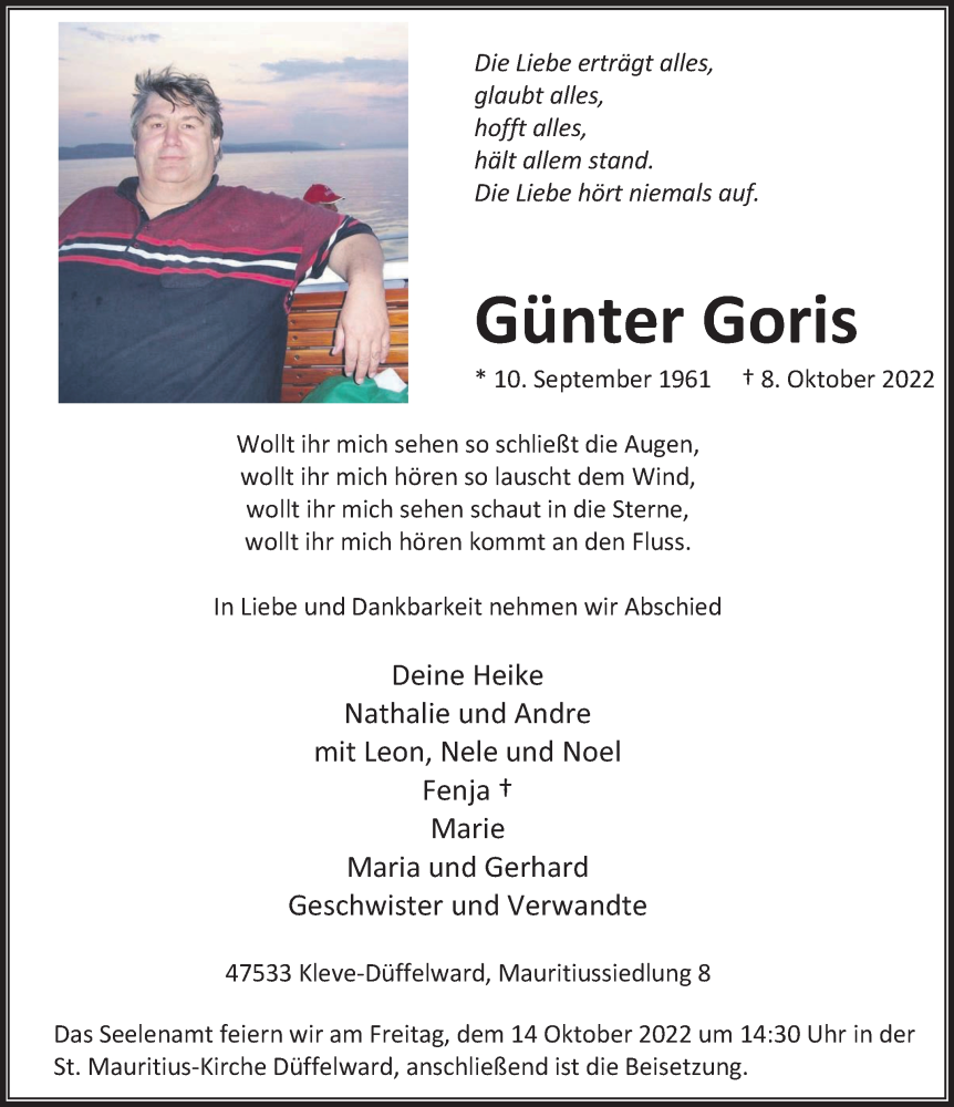  Traueranzeige für Günter Goris vom 12.10.2022 aus 