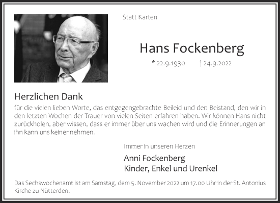 Traueranzeige von Hans Fockenberg 