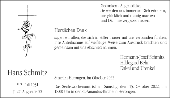 Traueranzeige von Hans Schmitz 
