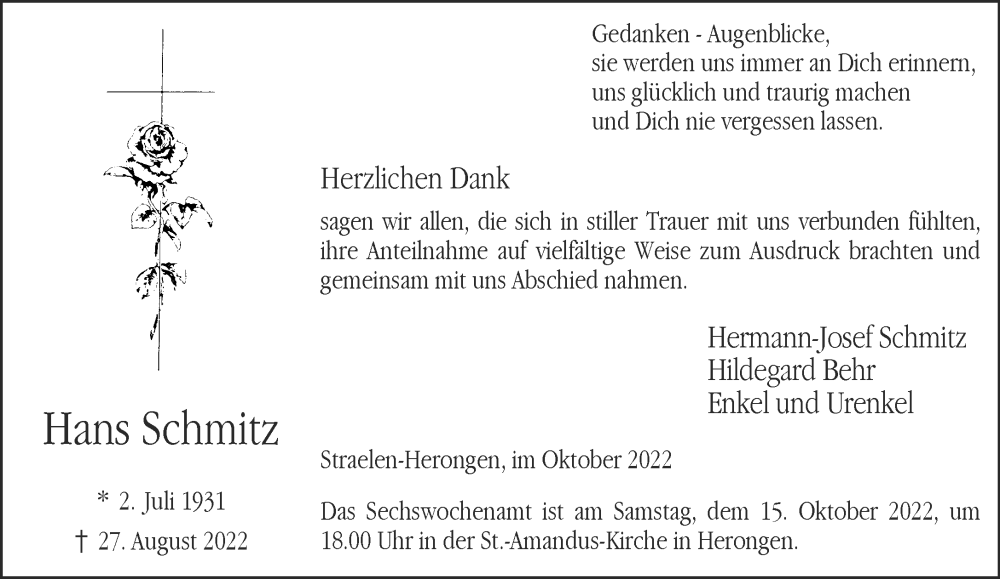  Traueranzeige für Hans Schmitz vom 08.10.2022 aus 