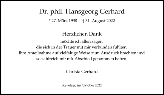 Traueranzeige von Hansgeorg Gerhard 