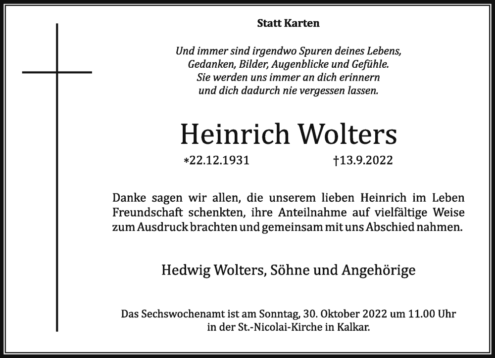  Traueranzeige für Heinrich Wolters vom 22.10.2022 aus 