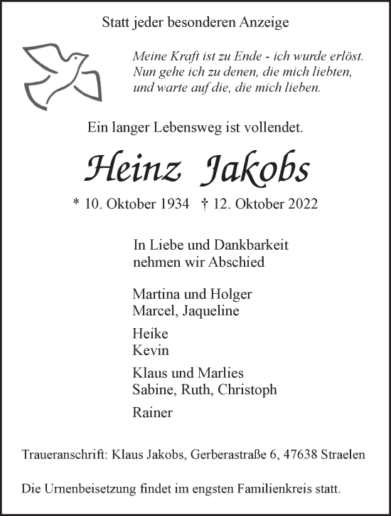Traueranzeige von Heinz Jakobs 