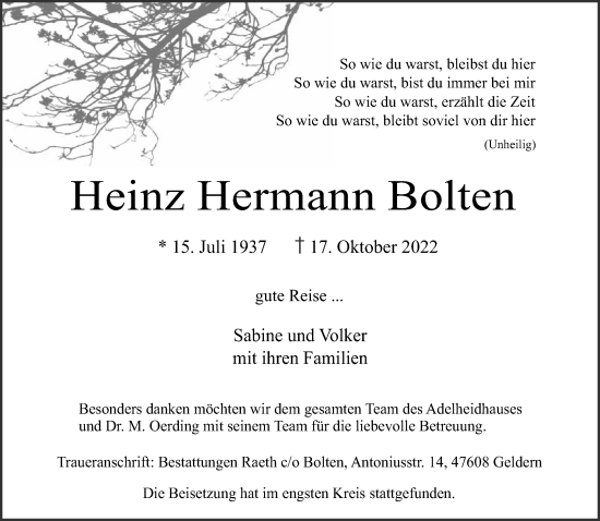 Traueranzeige von Heinz Hermann Bolten 