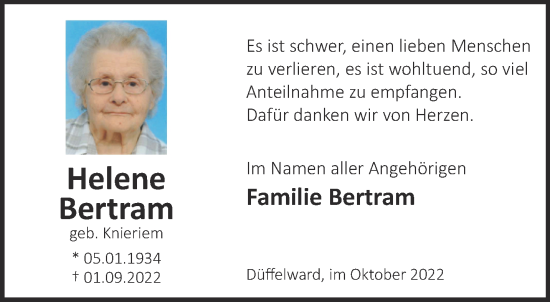 Traueranzeige von Helene Bertram 