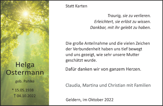 Traueranzeige von Helga Ostermann 