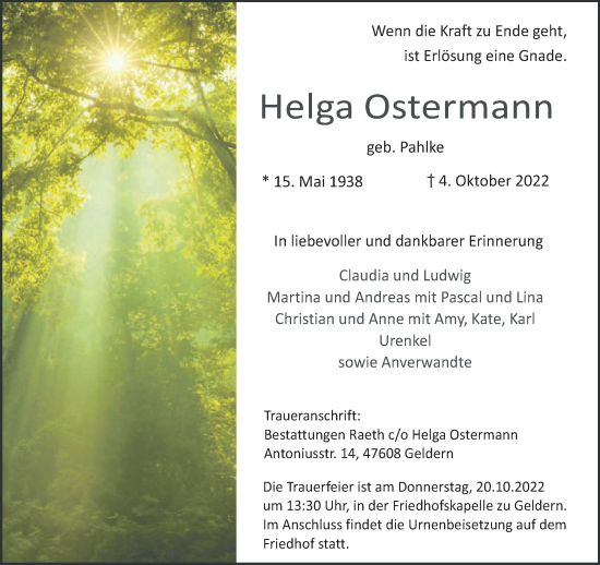 Traueranzeige von Helga Ostermann 