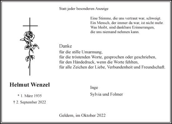 Traueranzeige von Helmut Wenzel 