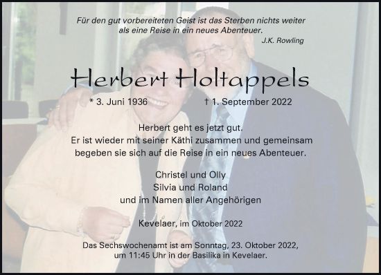 Traueranzeige von Herbert Holtappels 