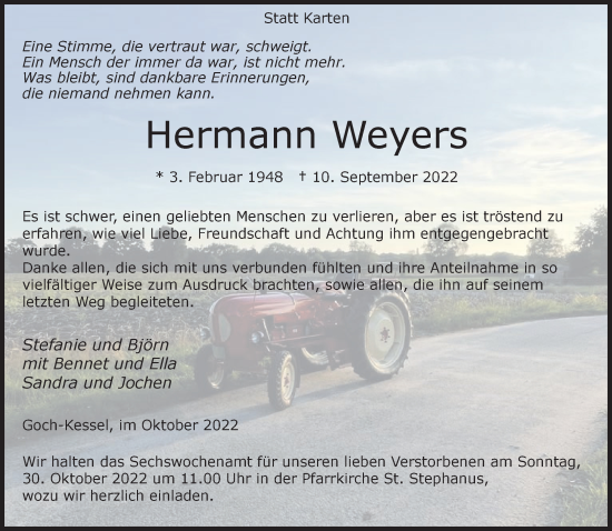 Traueranzeige von Hermann Weyers 