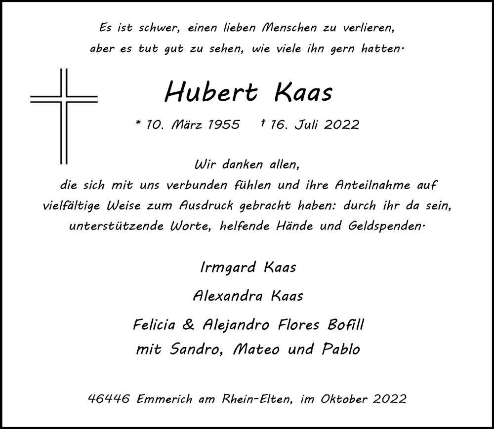  Traueranzeige für Hubert Kaas vom 08.10.2022 aus 