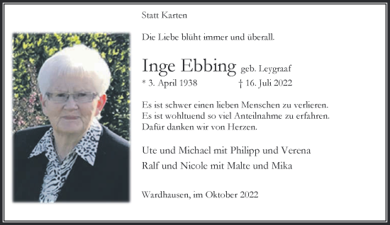 Traueranzeige von Inge Ebbing 