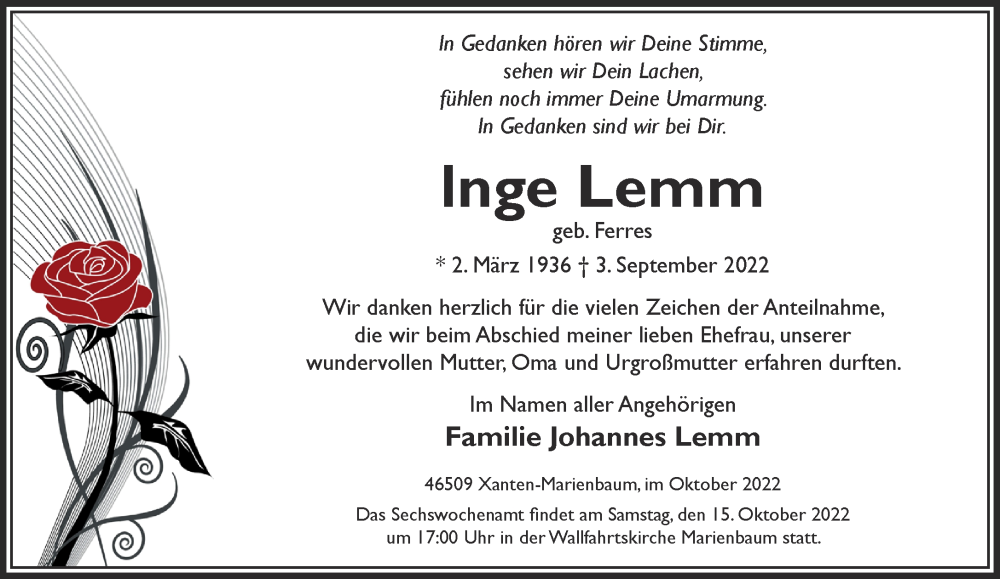  Traueranzeige für Inge Lemm vom 08.10.2022 aus 
