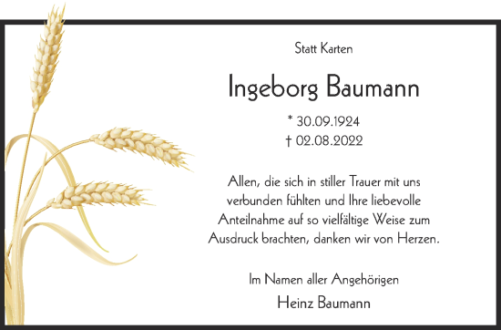 Traueranzeige von Ingeborg Baumann 