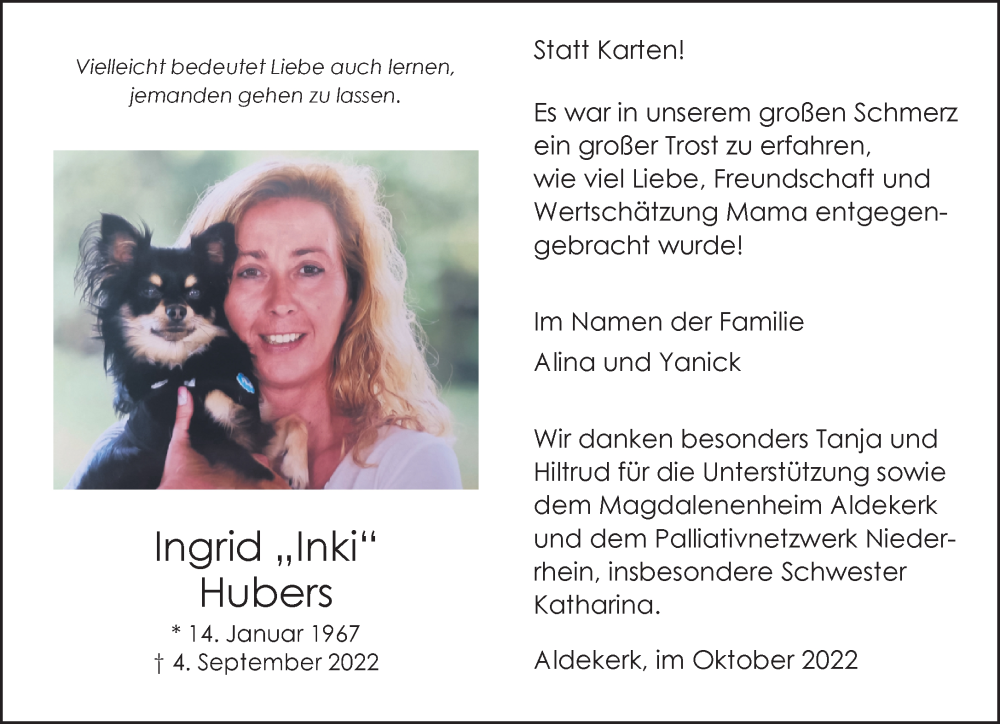  Traueranzeige für Ingrid Hubers vom 22.10.2022 aus 