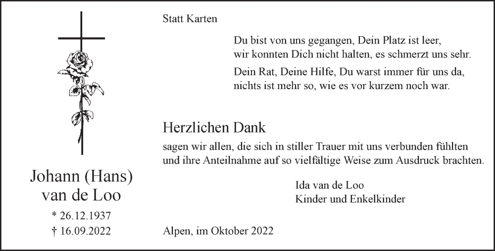  Traueranzeige für Johann van de Loo vom 19.10.2022 aus 