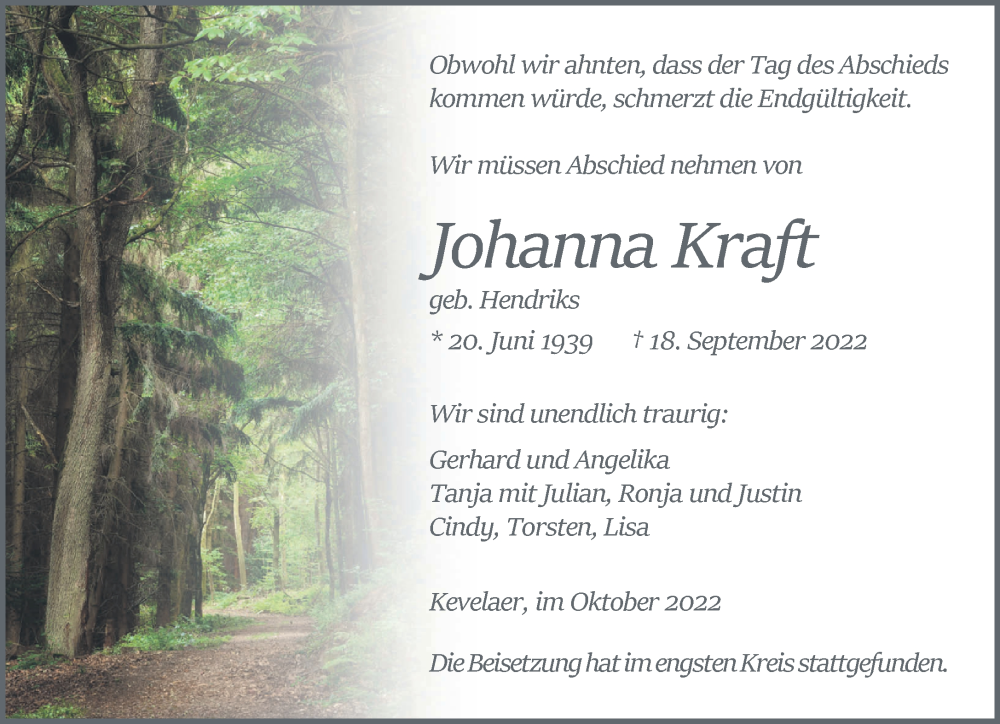  Traueranzeige für Johanna Kraft vom 01.10.2022 aus 