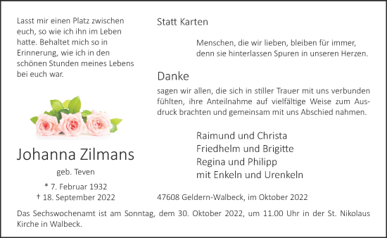 Traueranzeige von Johanna Zilmans 