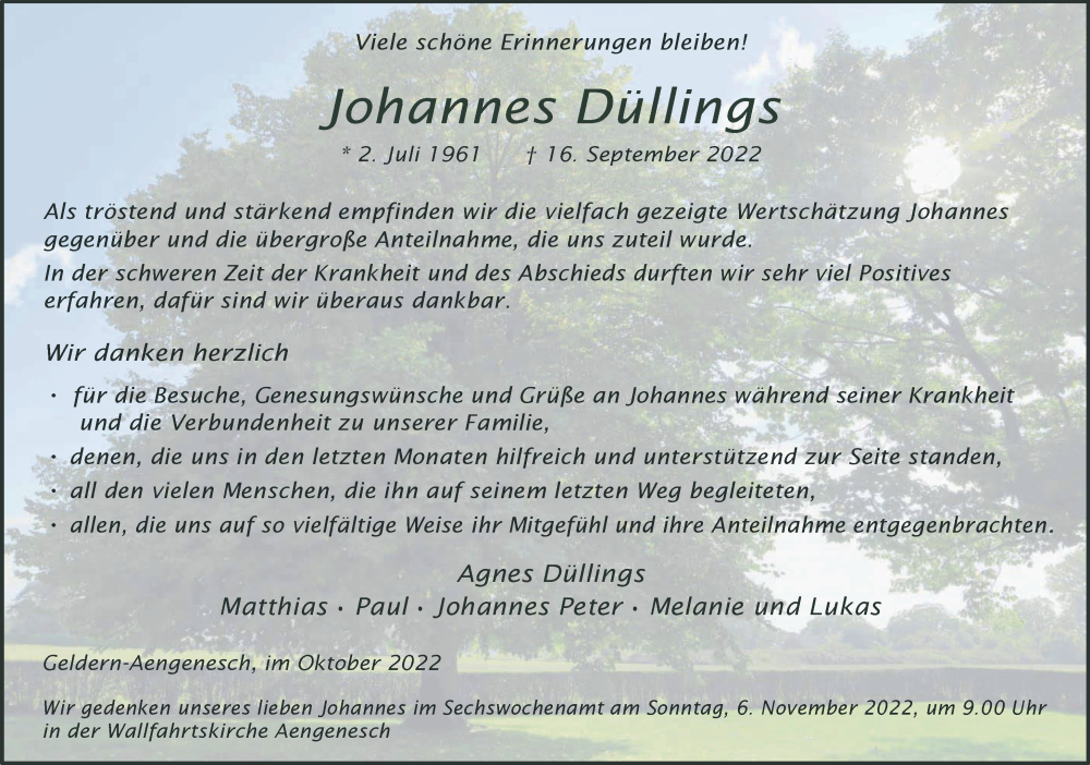  Traueranzeige für Johannes Düllings vom 29.10.2022 aus 