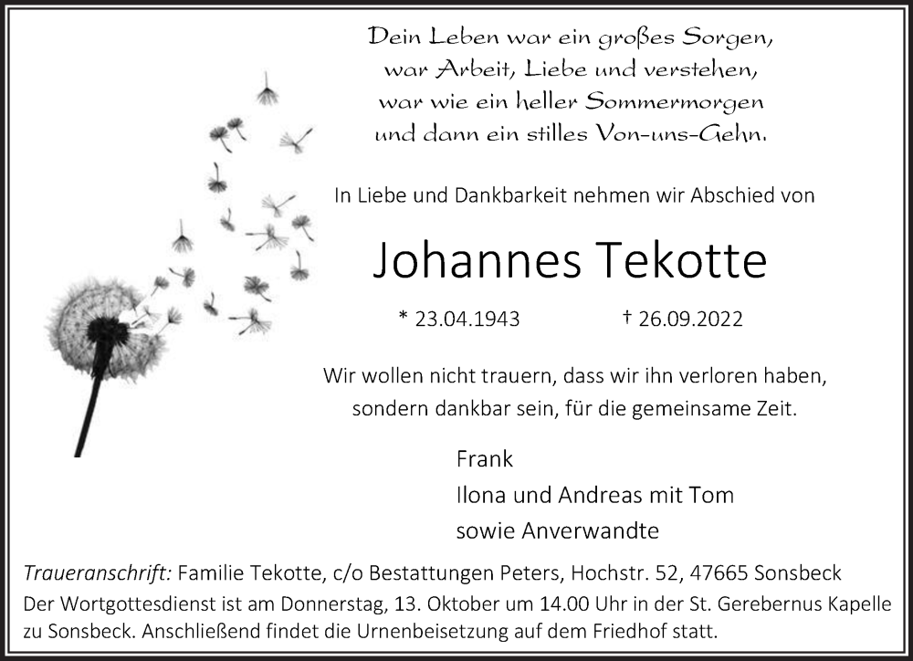  Traueranzeige für Johannes Tekotte vom 01.10.2022 aus 