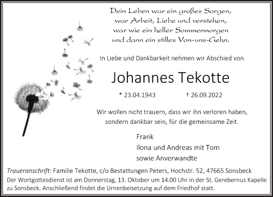 Traueranzeige von Johannes Tekotte 
