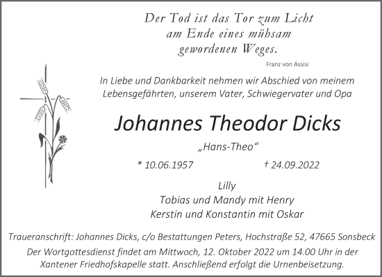 Traueranzeige von Johannes Theodor Dicks 