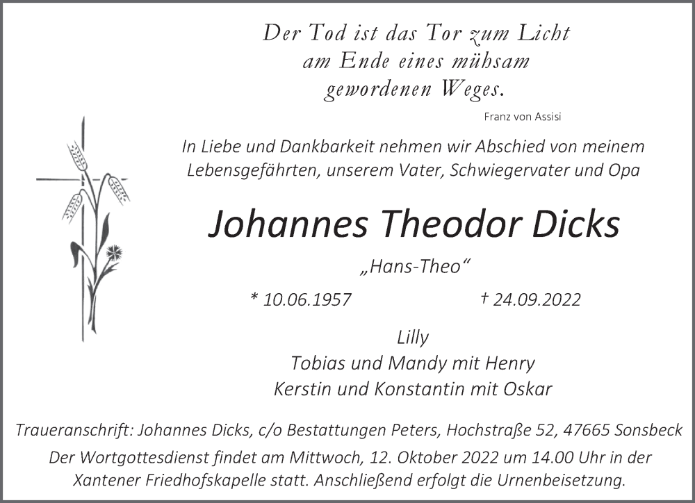  Traueranzeige für Johannes Theodor Dicks vom 05.10.2022 aus 
