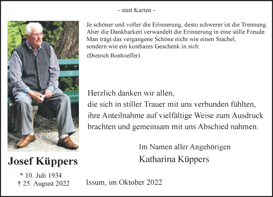 Traueranzeige von Josef Küppers 