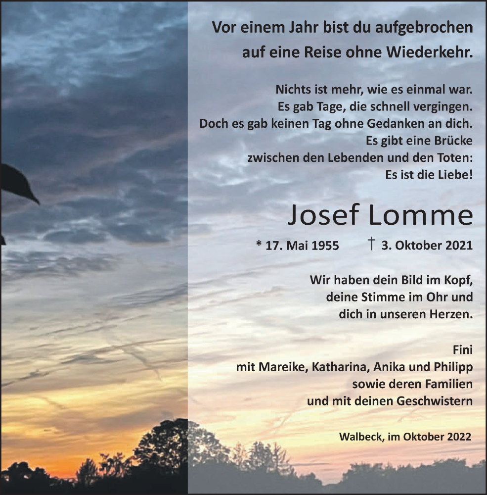  Traueranzeige für Josef Lomme vom 01.10.2022 aus 