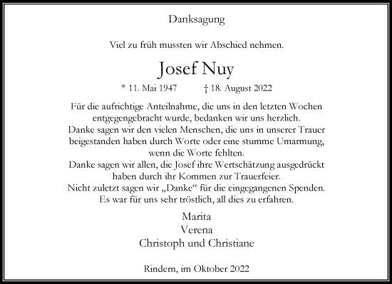 Traueranzeige von Josef Nuy 