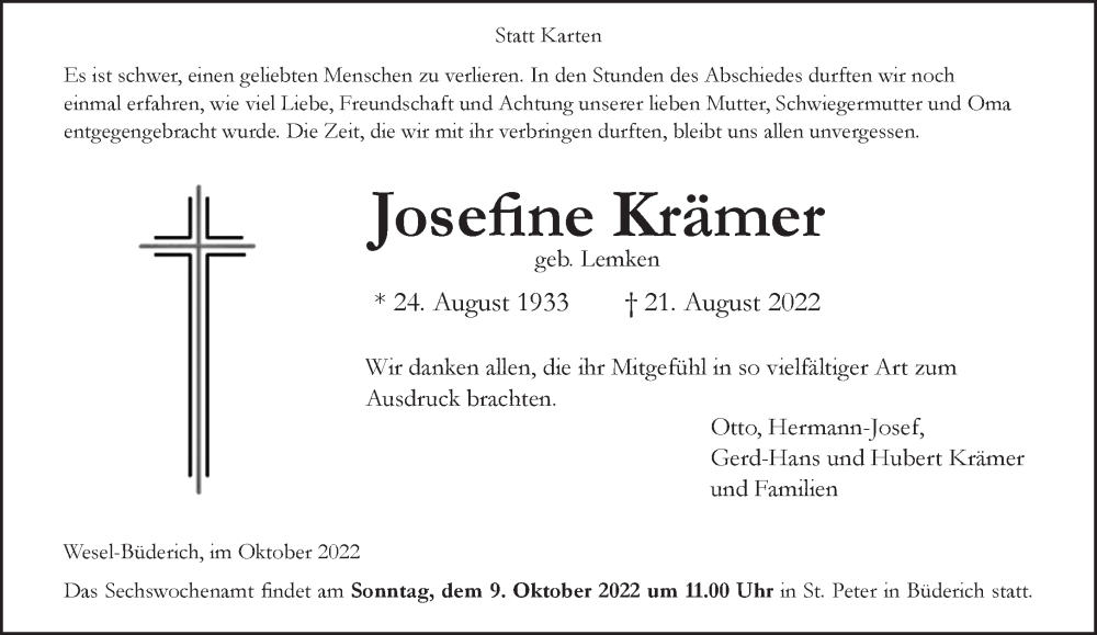  Traueranzeige für Josefine Krämer vom 05.10.2022 aus 