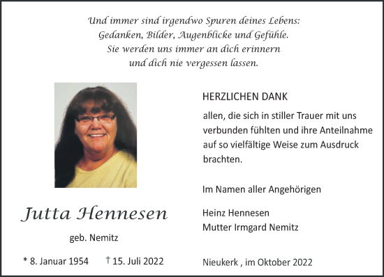 Traueranzeige von Jutta Hennesen 