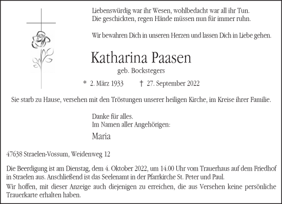 Traueranzeige von Katharina Paasen 